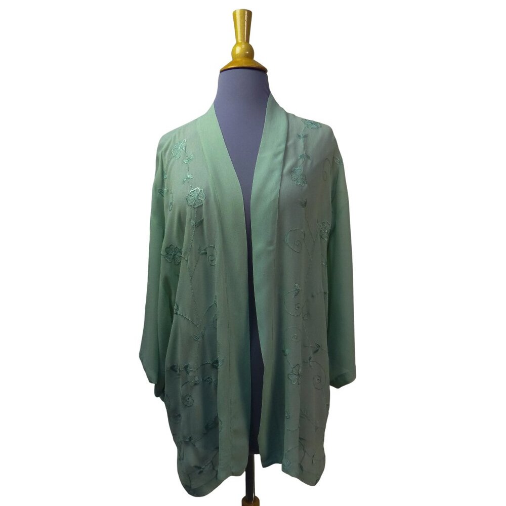 Banjara Sheer Silk Embroidered Kimono Pale Green ONE SIZE